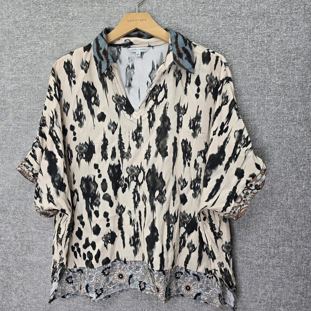 JOHN MARK ABSTRACT IKAT MIXED PRINT BOXY TOP, SIZE L